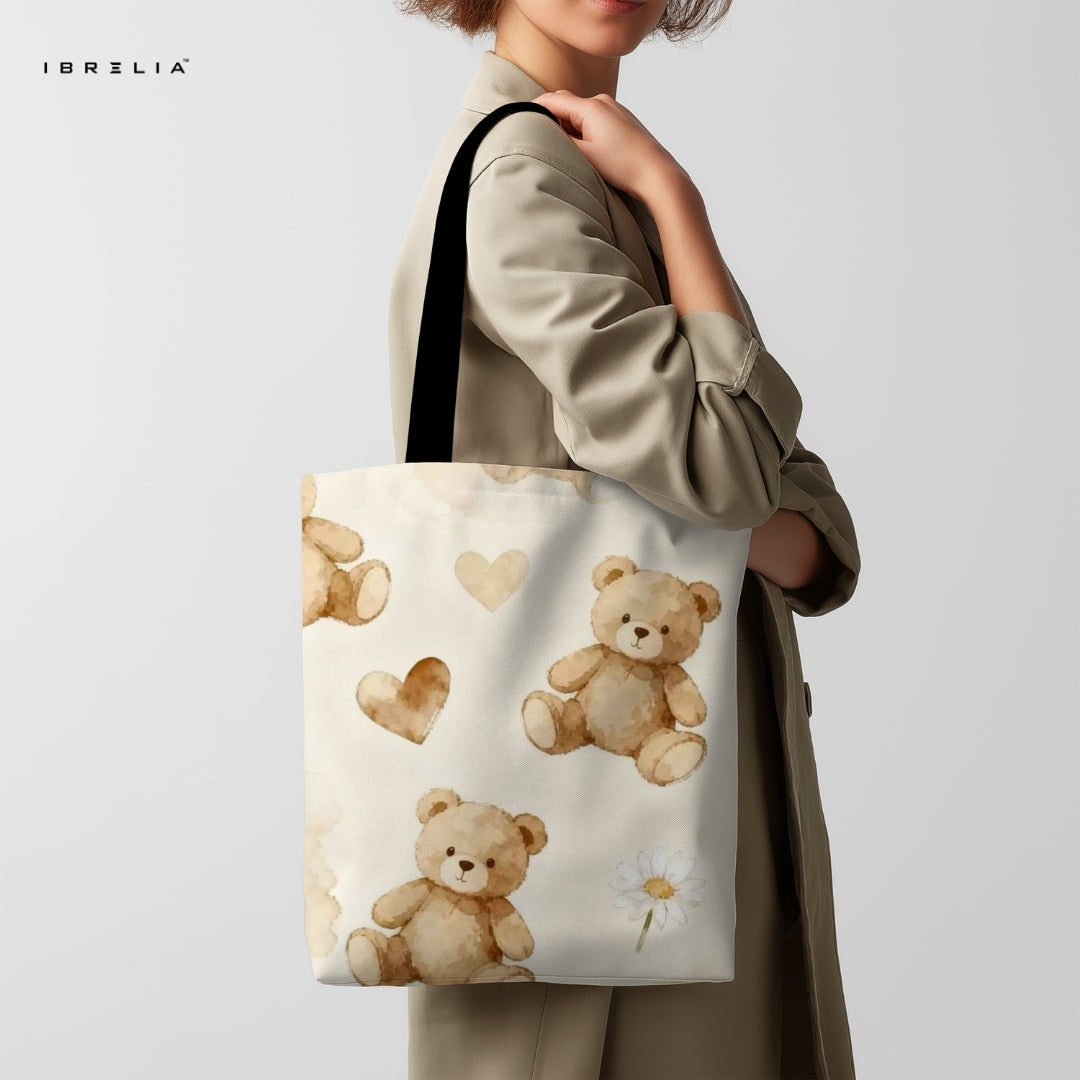 IBRELIA™ Cozy Teddy Daisy Tote Bag – Beige Premium Jute Tote with Velvet Handles & Satin Inner Lining