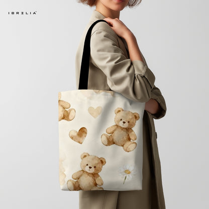 IBRELIA™ Cozy Teddy Daisy Tote Bag – Beige Premium Jute Tote with Velvet Handles & Satin Inner Lining