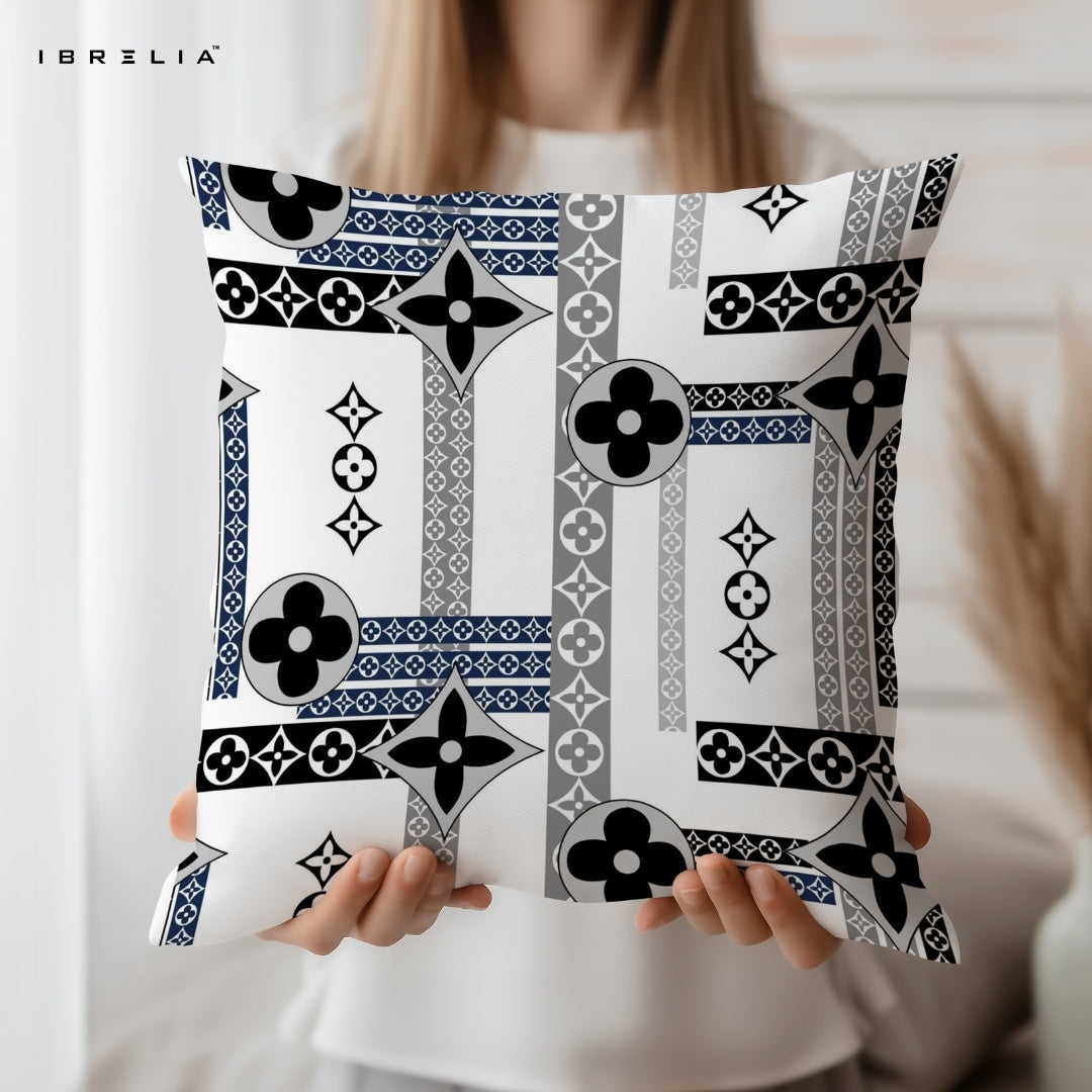 Geometric Monogram Pattern Cushion | Black & Grey Luxury Design | Premium Jute Fabric | Double-Sided Print | IBRELIA™ IBRELIA