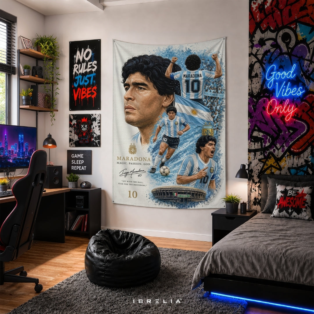 Diego Maradona Argentina Football Legend Premium Jute Fabric Tapestry | Football Wall Hanging | IBRELIA™