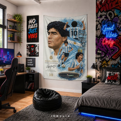 Diego Maradona Argentina Football Legend Premium Jute Fabric Tapestry | Football Wall Hanging | IBRELIA™