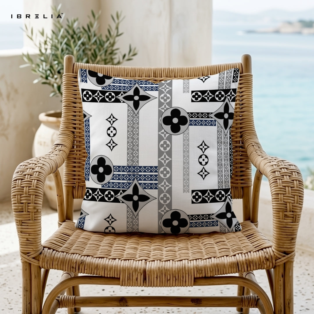 Geometric Monogram Pattern Cushion | Black & Grey Luxury Design | Premium Jute Fabric | Double-Sided Print | IBRELIA™ IBRELIA