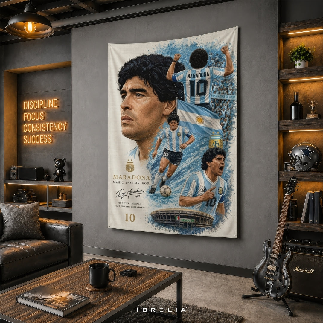 Diego Maradona Argentina Football Legend Premium Jute Fabric Tapestry | Football Wall Hanging | IBRELIA™