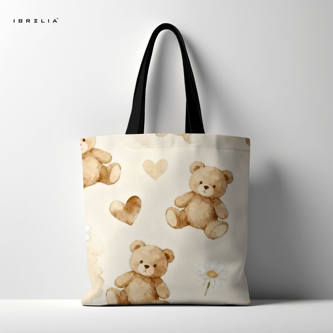 IBRELIA™ Cozy Teddy Daisy Tote Bag – Beige Premium Jute Tote with Velvet Handles & Satin Inner Lining