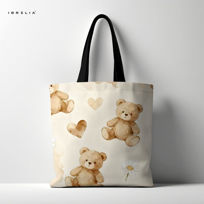IBRELIA™ Cozy Teddy Daisy Tote Bag – Beige Premium Jute Tote with Velvet Handles & Satin Inner Lining