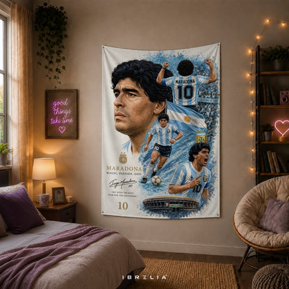 Diego Maradona Argentina Football Legend Premium Jute Fabric Tapestry | Football Wall Hanging | IBRELIA™