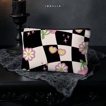 Cherry Daisy Checkerboard Makeup & Pencil Pouch – Retro Aesthetic Cosmetic Organizer – IBRELIA™