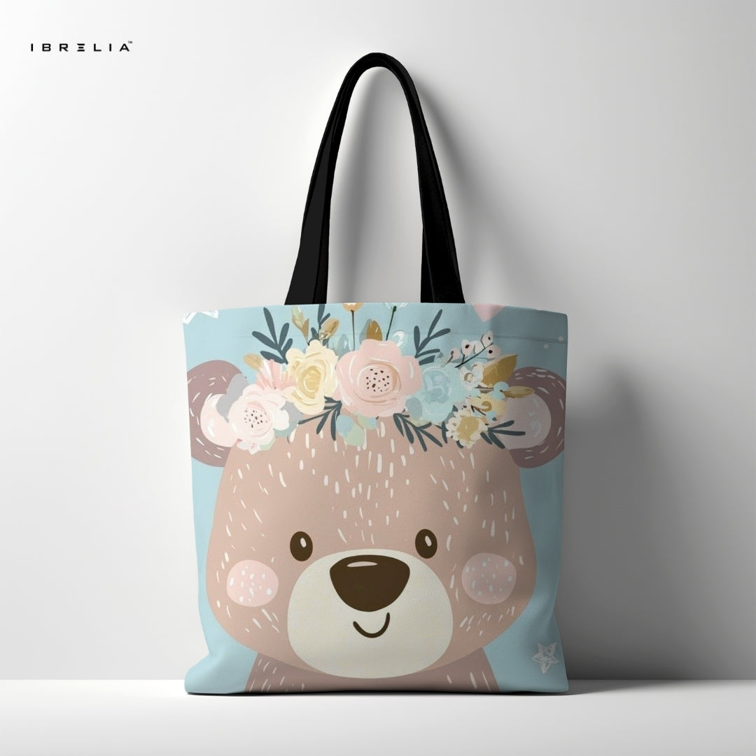 IBRELIA™ Floral Teddy Tote Bag – Cute Blue Premium Jute Tote with Velvet Handles & Satin Inner Lining IBRELIA