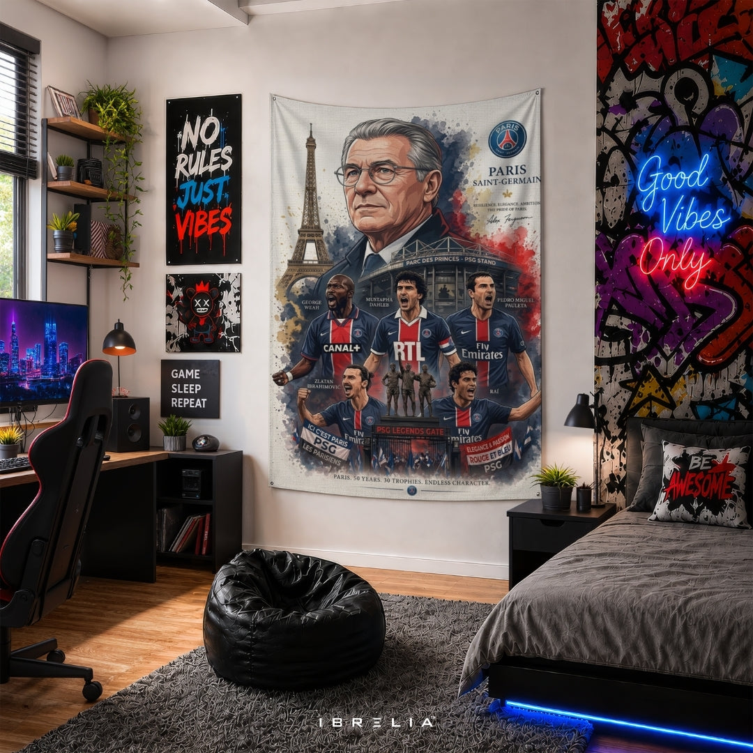 Paris Saint-Germain Legends Premium Jute Fabric Tapestry | PSG Football Club Wall Hanging | IBRELIA™