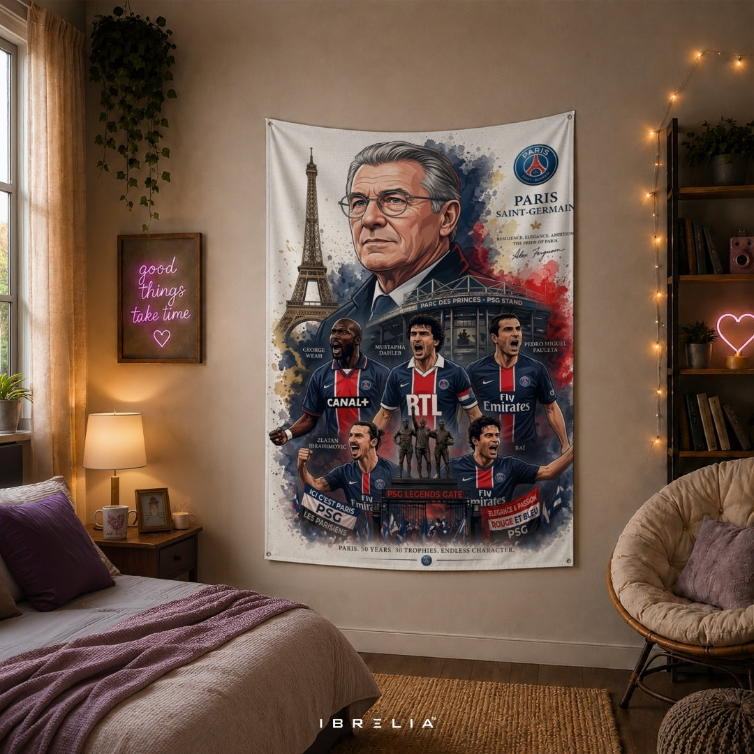 Paris Saint-Germain Legends Premium Jute Fabric Tapestry | PSG Football Club Wall Hanging | IBRELIA™