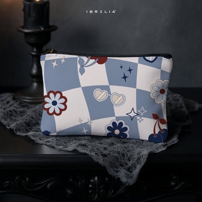 Blue Retro Checkerboard Makeup & Pencil Pouch – Aesthetic Cherry Daisy Cosmetic Organizer – IBRELIA™