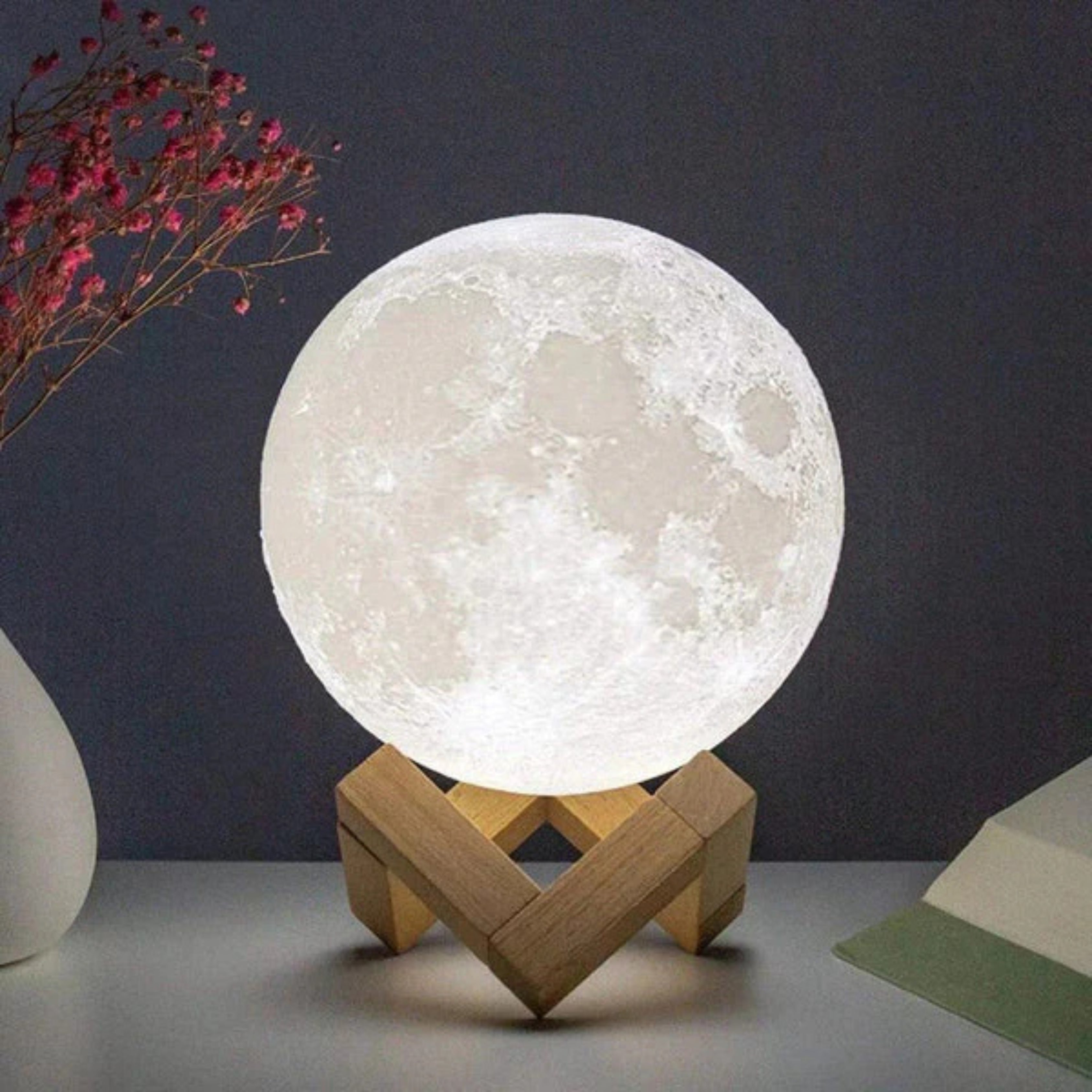 3D Moon Lamp with Wooden Stand – Realistic Lunar LED Night Light | Decorative Moon Light | IBRELIA™
