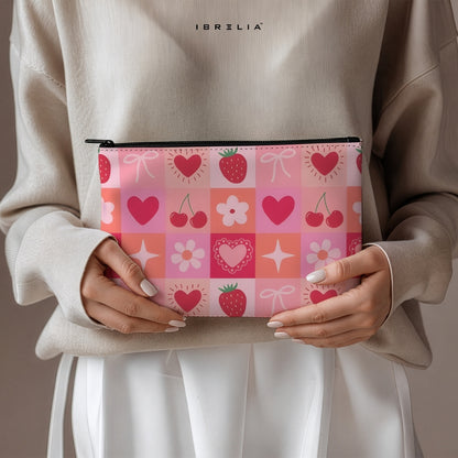 Pink Strawberry Hearts Makeup & Pencil Pouch – Cute Aesthetic Cosmetic Organizer – IBRELIA™