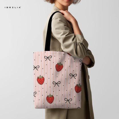 IBRELIA™ Strawberry Bow Tote Bag – Cute Pink Premium Jute Tote with Velvet Handles & Satin Inner Lining IBRELIA