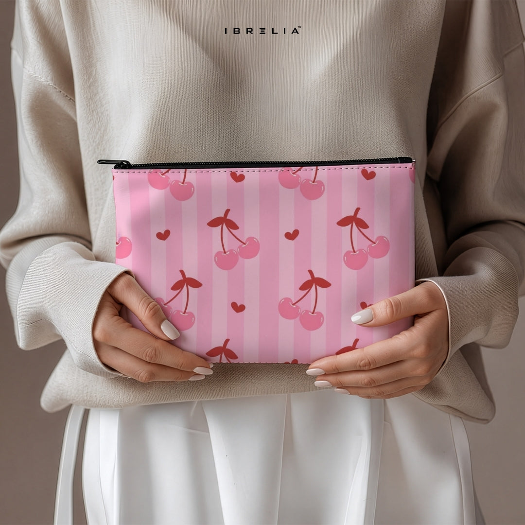 Pink Cherry Stripe Makeup & Pencil Pouch – Cute Aesthetic Cosmetic Organizer – IBRELIA™