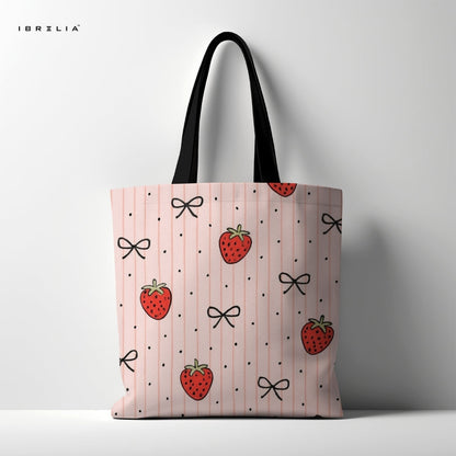 IBRELIA™ Strawberry Bow Tote Bag – Cute Pink Premium Jute Tote with Velvet Handles & Satin Inner Lining IBRELIA