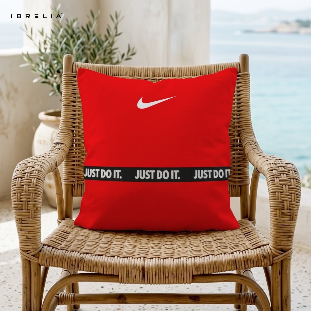 Nike Just Do It Cushion | Red Minimal Sports Design | Premium Jute Fabric | Double-Sided Print | IBRELIA™ IBRELIA
