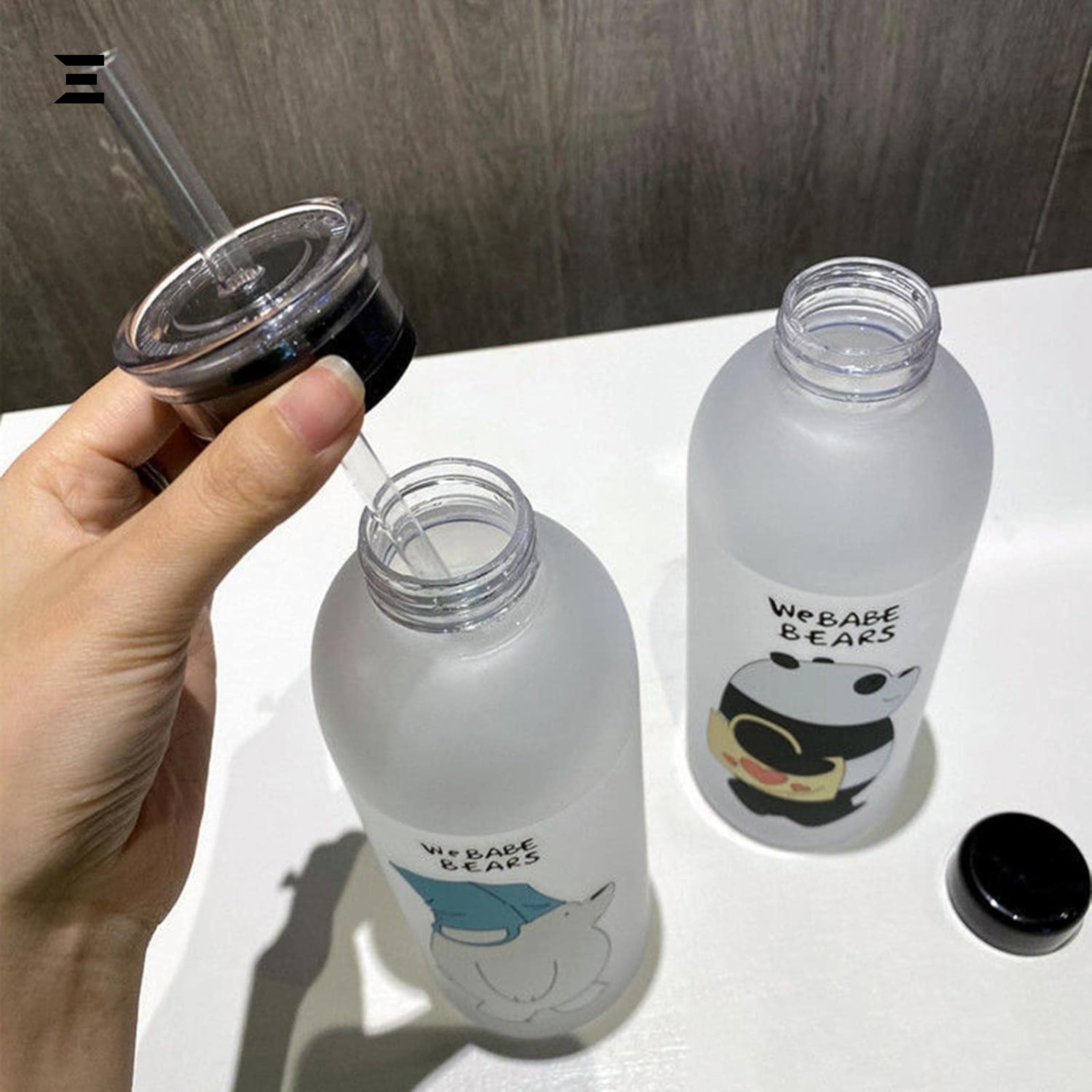 We Bare Bears Panda Cartoon Water Bottle with Straw – Matte Transparent Cute Drink Bottle | IBRELIA™ IBRELIA