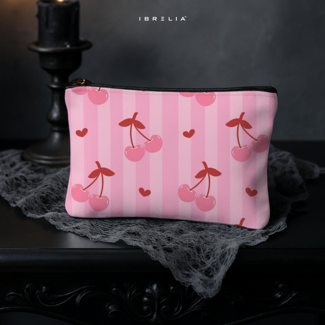 Pink Cherry Stripe Makeup & Pencil Pouch – Cute Aesthetic Cosmetic Organizer – IBRELIA™
