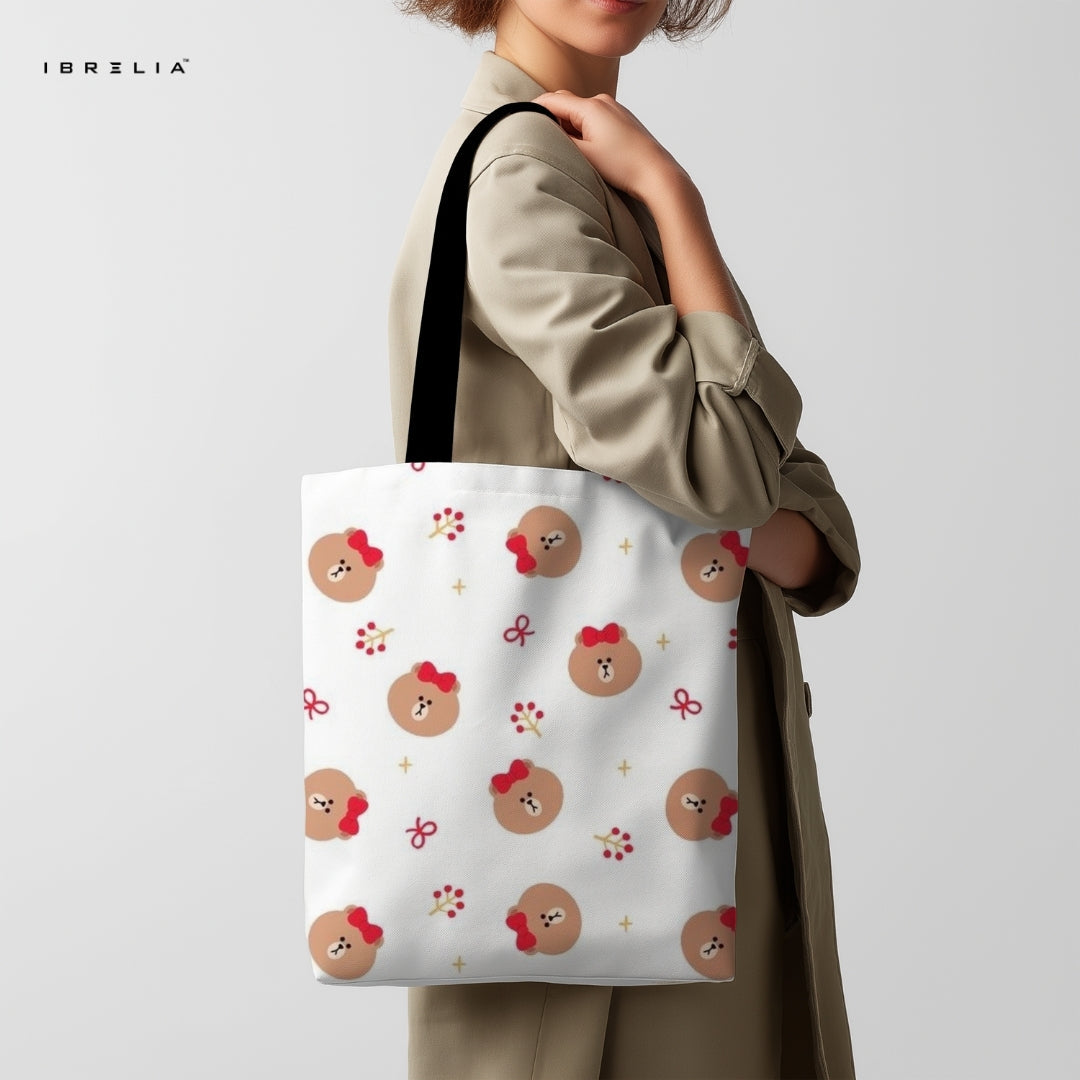 IBRELIA™ Cute Bow Teddy Tote Bag – White Premium Jute Tote with Velvet Handles & Satin Inner Lining IBRELIA