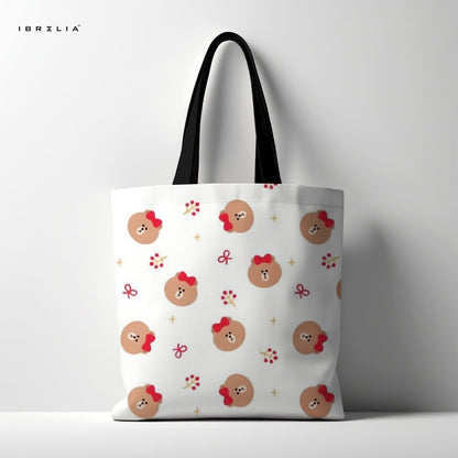 IBRELIA™ Cute Bow Teddy Tote Bag – White Premium Jute Tote with Velvet Handles & Satin Inner Lining IBRELIA