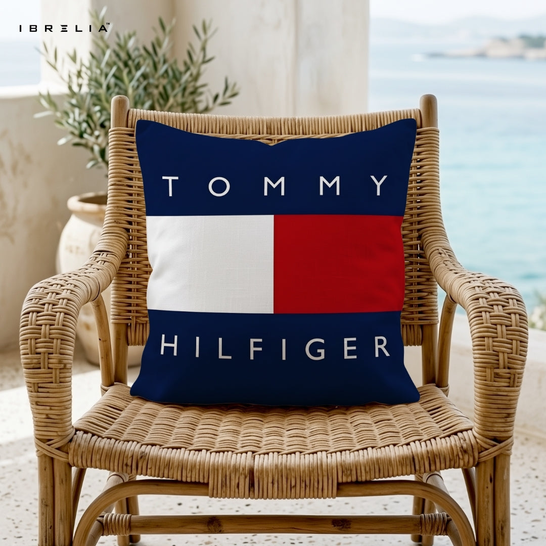 Tommy Hilfiger Cushion | Classic Flag Design | Premium Jute Fabric | Double-Sided Print | IBRELIA™ IBRELIA