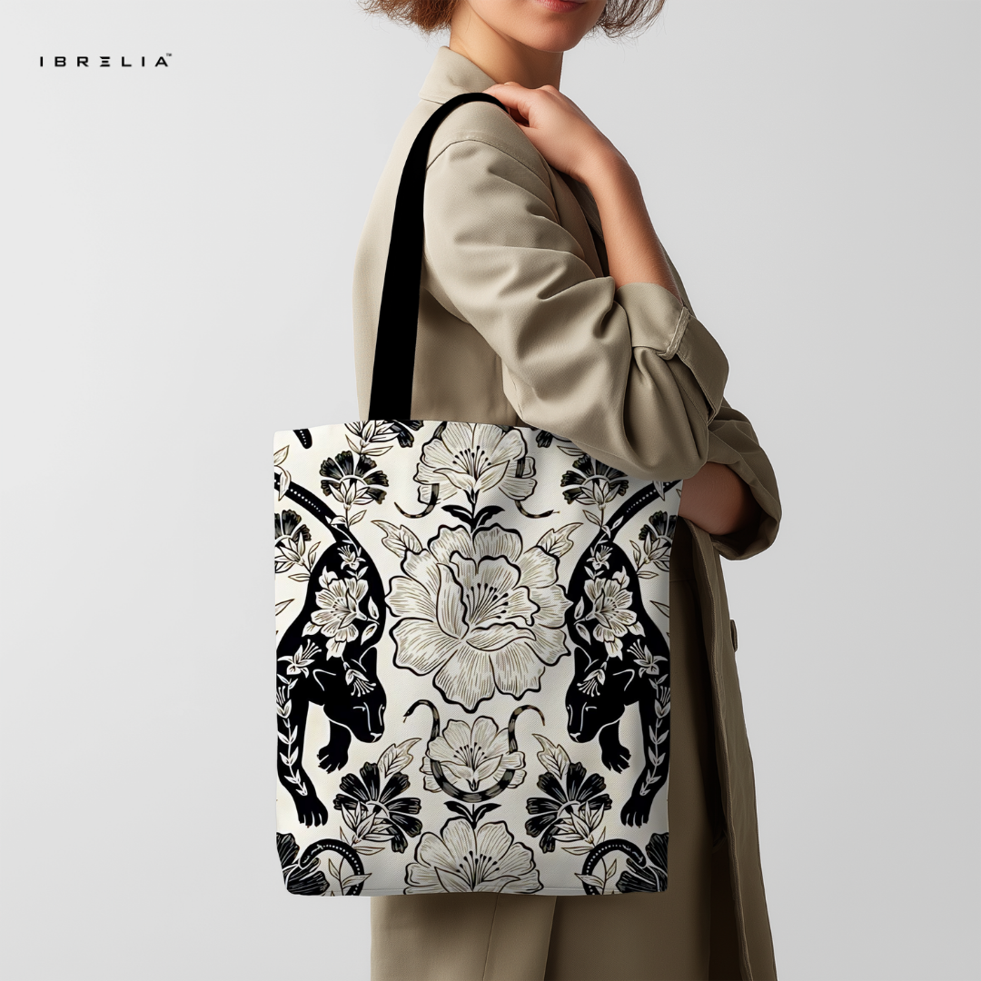 IBRELIA™ Panther Floral Luxury Premium Jute Tote Bag with Velvet Handles, Satin Lining & Inner Zip Pocket IBRELIA