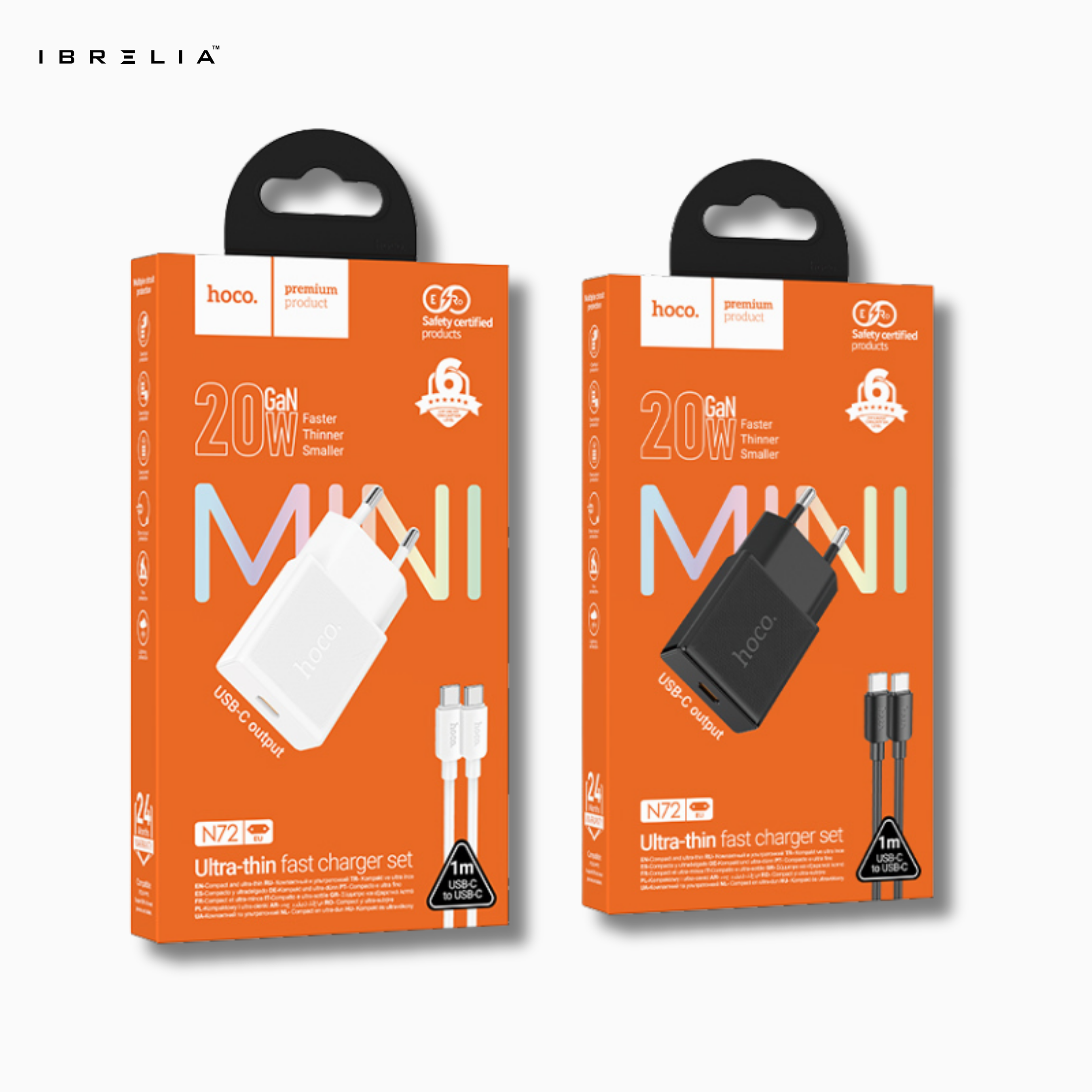 HOCO N72 Speed 20W Ultra-Thin GaN Fast Charger Set (USB-C to USB-C, 60W Cable Included) | IBRELIA™