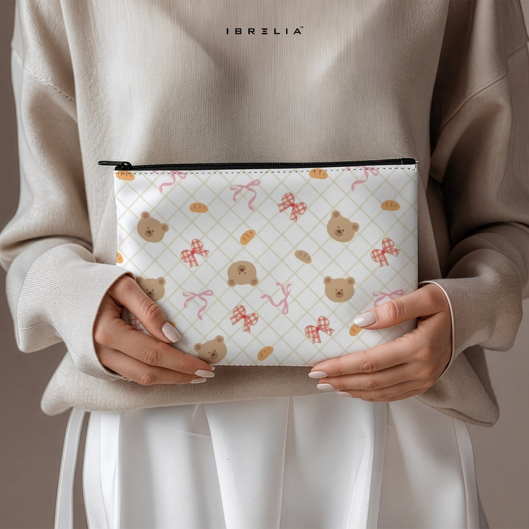 Kawaii Teddy Ribbon Makeup & Pencil Pouch – Cute Aesthetic Cosmetic Organizer – IBRELIA™