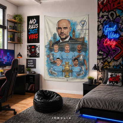 Manchester City Legends Premium Jute Fabric Tapestry | Etihad Stadium Football Club Wall Hanging | IBRELIA™