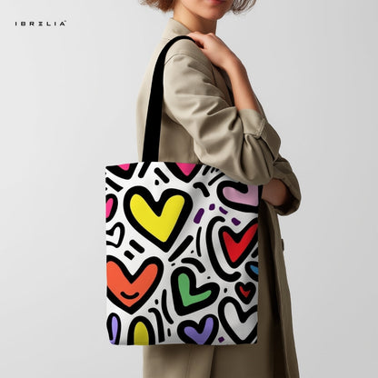 IBRELIA™ Pop Art Hearts Tote Bag – Colorful Premium Jute Tote with Velvet Handles & Satin Inner Lining IBRELIA