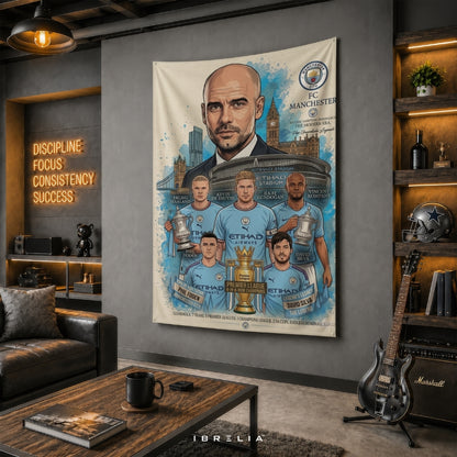 Manchester City Legends Premium Jute Fabric Tapestry | Etihad Stadium Football Club Wall Hanging | IBRELIA™