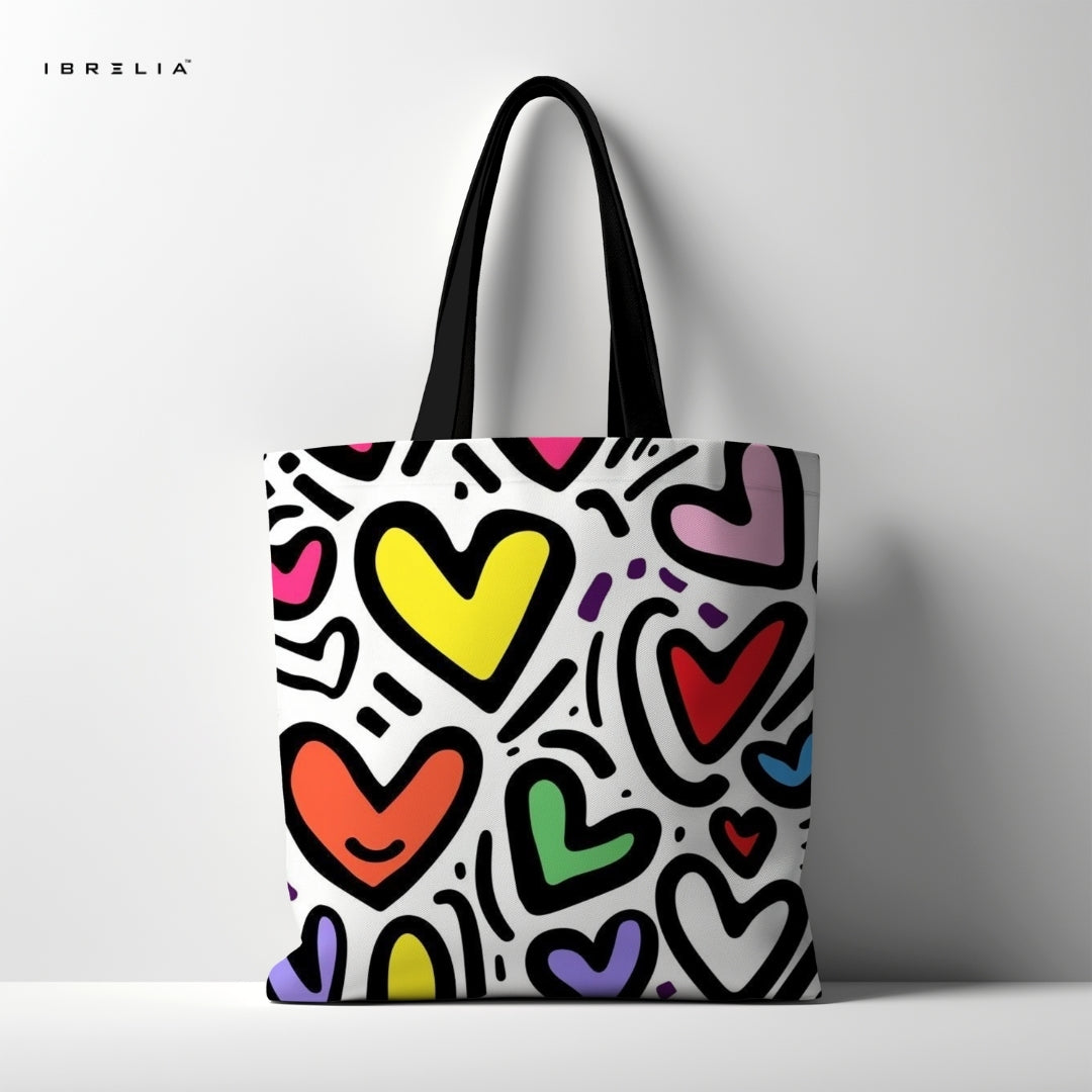 IBRELIA™ Pop Art Hearts Tote Bag – Colorful Premium Jute Tote with Velvet Handles & Satin Inner Lining IBRELIA