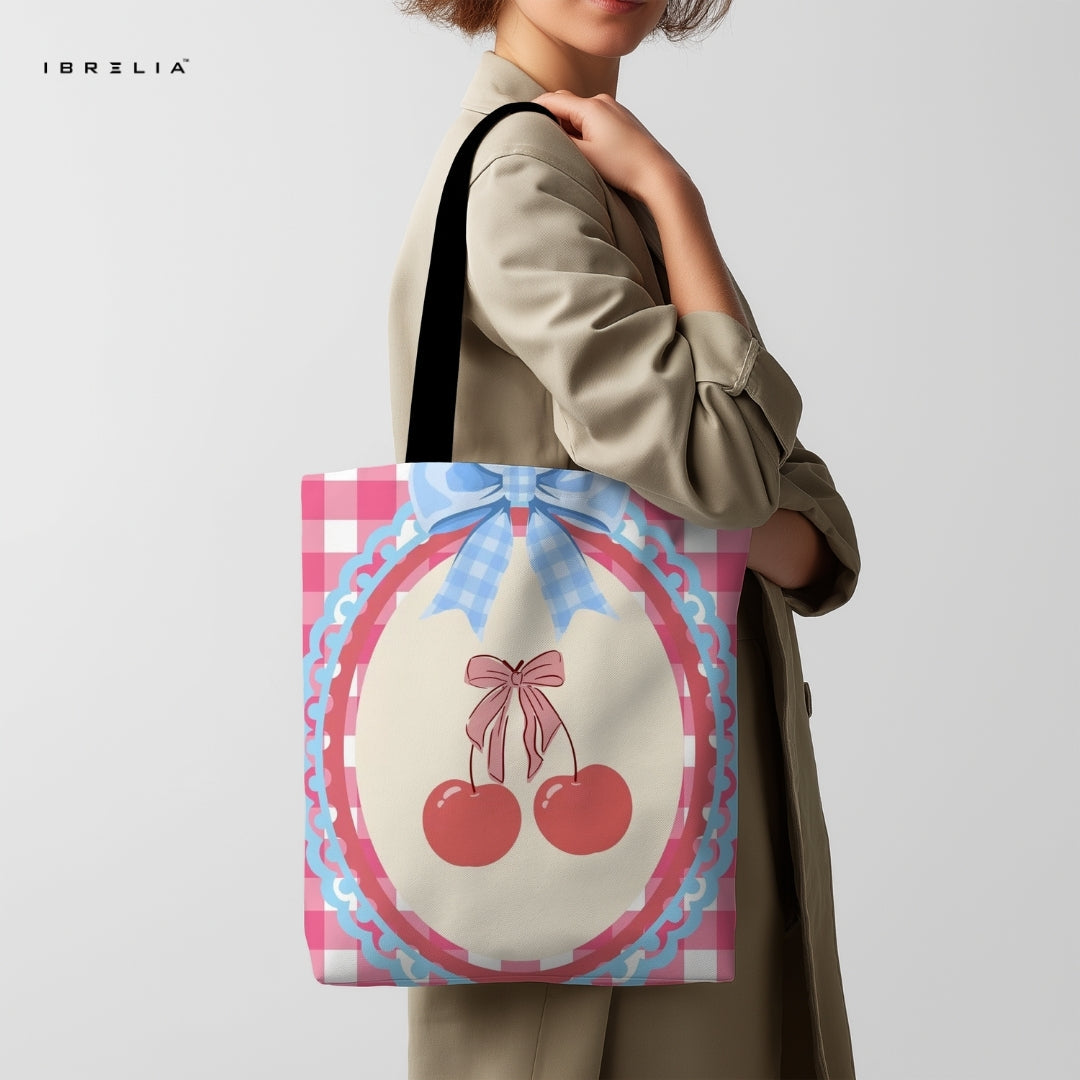 IBRELIA™ Cherry Coquette Tote Bag – Cute Pink Aesthetic Premium Jute Tote with Velvet Handles IBRELIA
