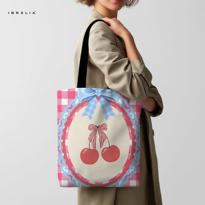 IBRELIA™ Cherry Coquette Tote Bag – Cute Pink Aesthetic Premium Jute Tote with Velvet Handles IBRELIA