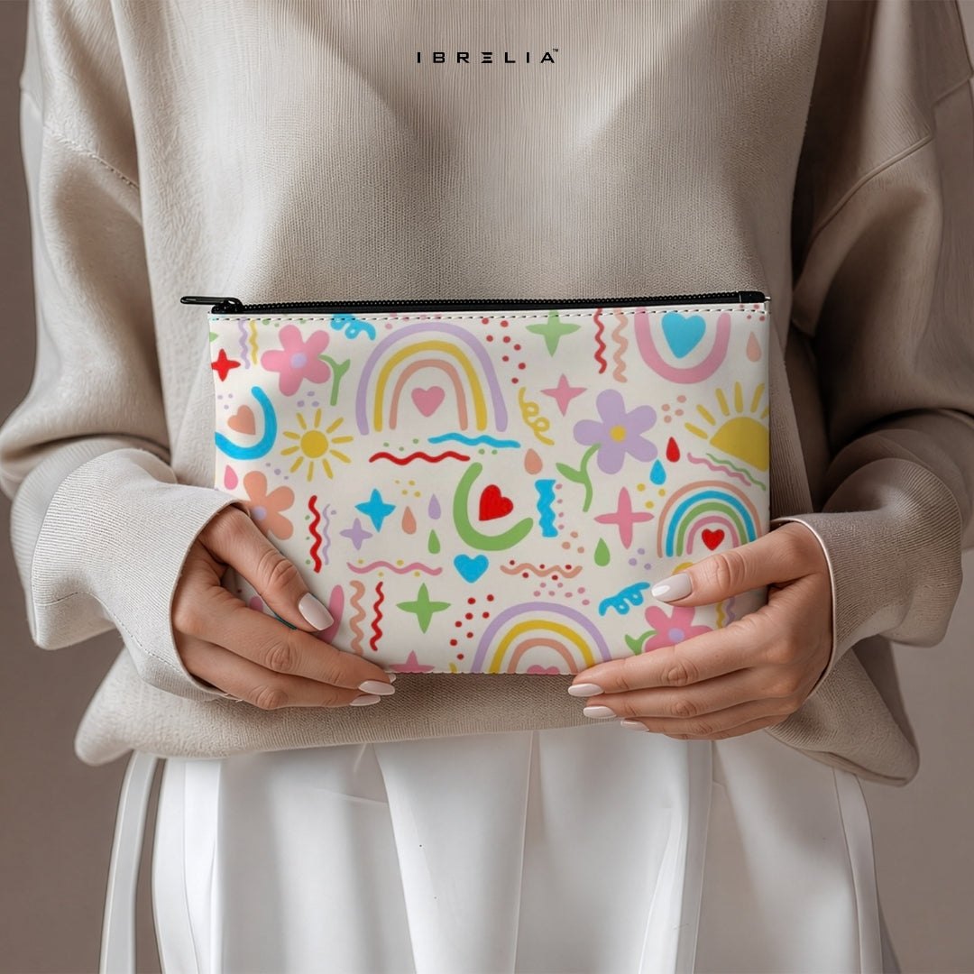 Rainbow Pastel Doodle Makeup & Pencil Pouch – Cute Aesthetic Cosmetic Organizer – IBRELIA™