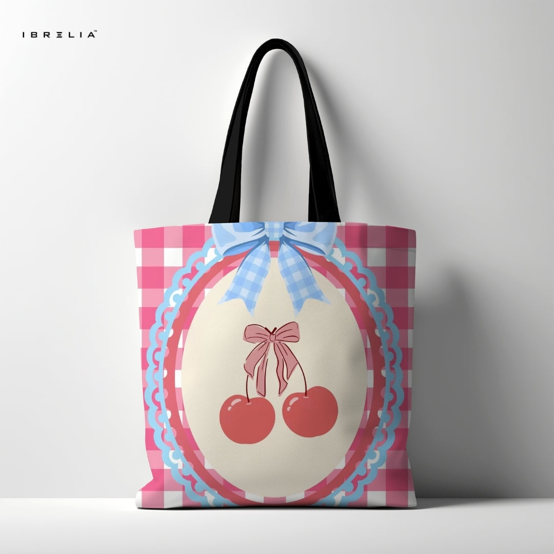 IBRELIA™ Cherry Coquette Tote Bag – Cute Pink Aesthetic Premium Jute Tote with Velvet Handles IBRELIA