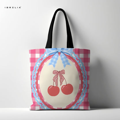 IBRELIA™ Cherry Coquette Tote Bag – Cute Pink Aesthetic Premium Jute Tote with Velvet Handles IBRELIA