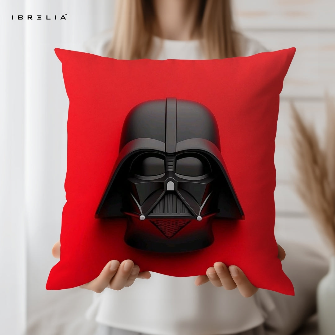 Dark Warrior Helmet Cushion | Red Minimal Character Design | Premium Jute Fabric | Double-Sided Print | IBRELIA™ IBRELIA