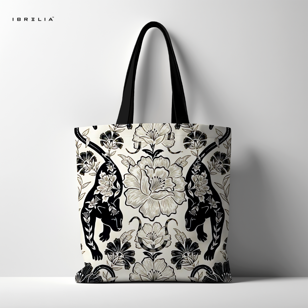 IBRELIA™ Panther Floral Luxury Premium Jute Tote Bag with Velvet Handles, Satin Lining & Inner Zip Pocket IBRELIA