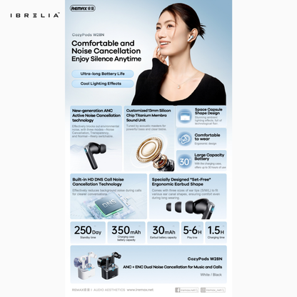 REMAX CozyPods W28N ANC + ENC Dual Noise-Cancelling Music & Call Earbuds | 3 Sound Modes | IBRELIA™