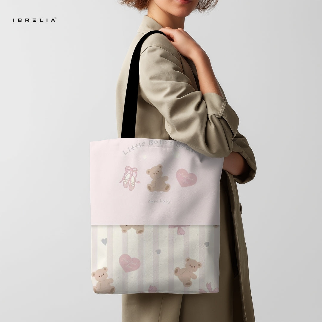 IBRELIA™ Little Ballet Bear Tote Bag – Soft Pastel Cute Aesthetic Jute Tote IBRELIA