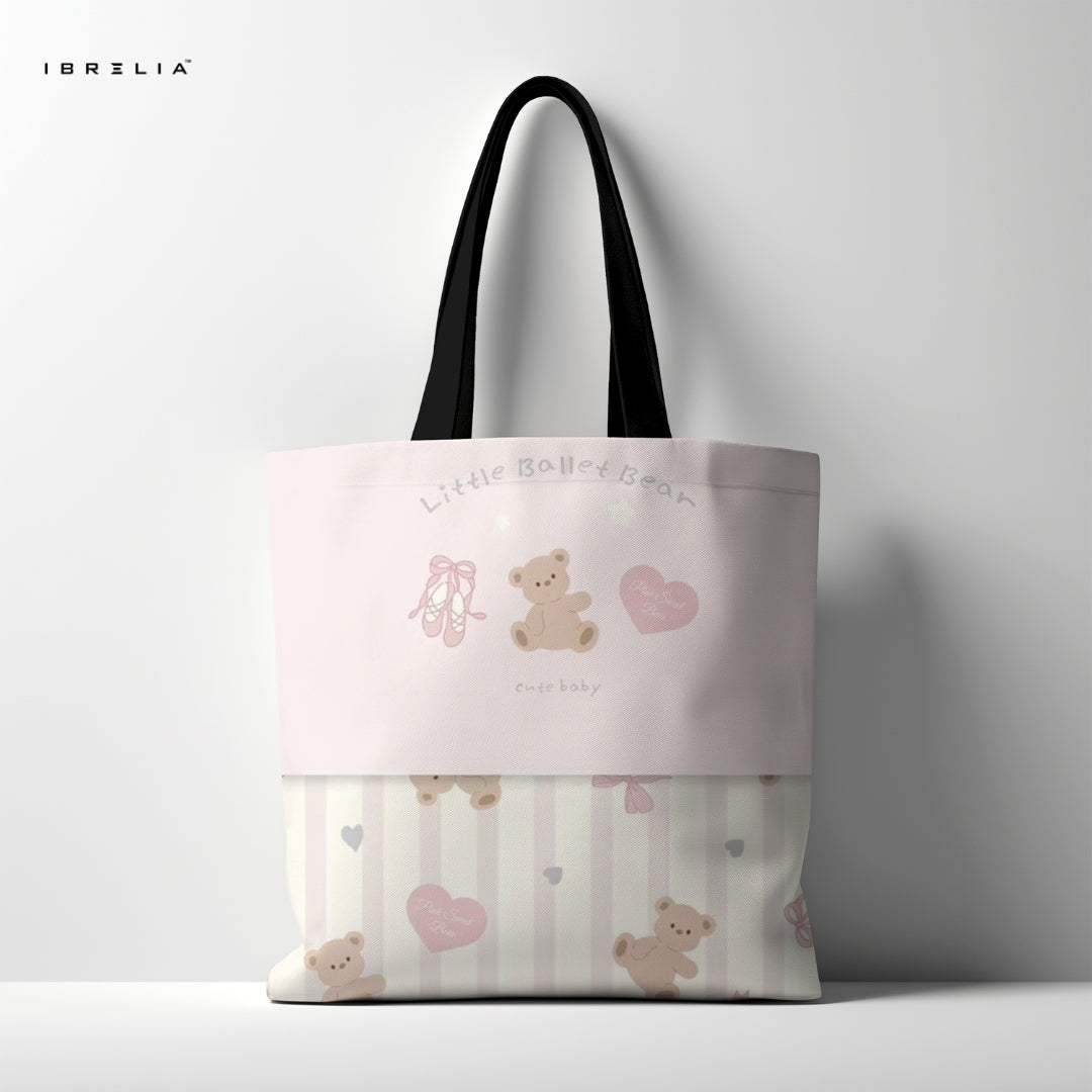 IBRELIA™ Little Ballet Bear Tote Bag – Soft Pastel Cute Aesthetic Jute Tote IBRELIA