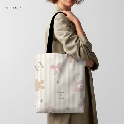 IBRELIA™ Fleur & Bear Pastel Tote Bag – Soft Girl Aesthetic Premium Jute Tote IBRELIA