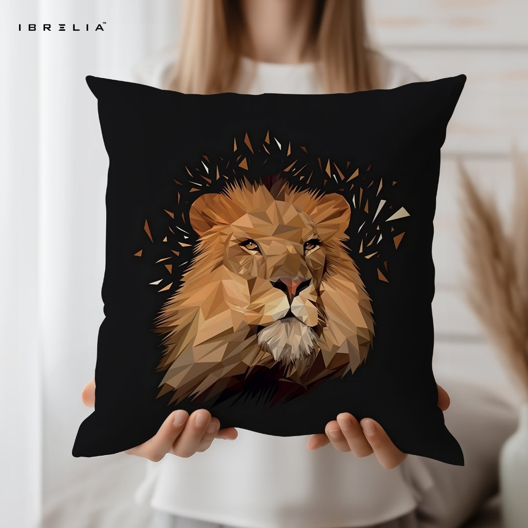 Geometric Lion Cushion | Modern Polygon Animal Art Design | Premium Jute Fabric | Double-Sided Print | IBRELIA™ IBRELIA