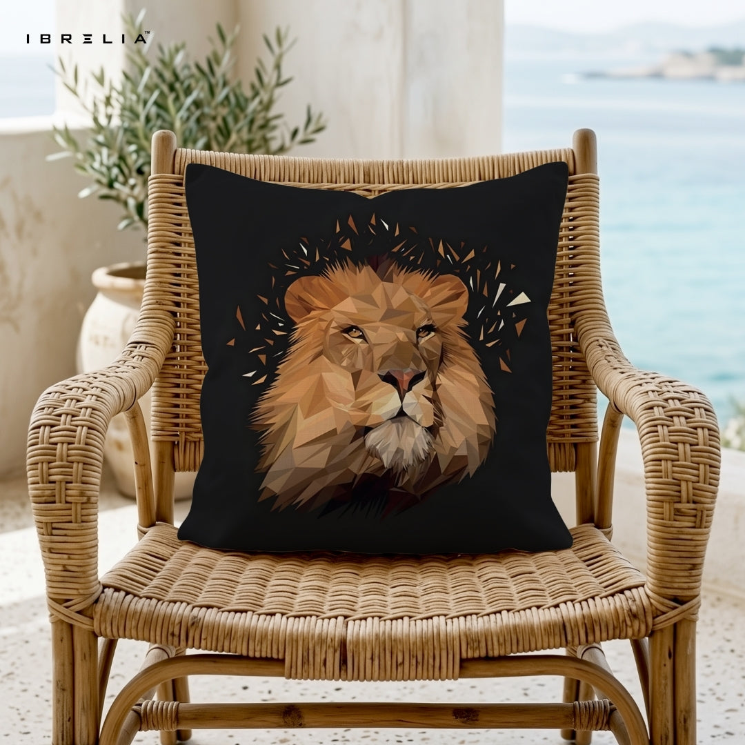 Geometric Lion Cushion | Modern Polygon Animal Art Design | Premium Jute Fabric | Double-Sided Print | IBRELIA™ IBRELIA