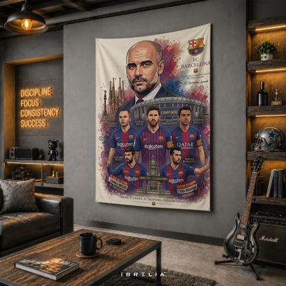 FC Barcelona Legends Premium Jute Fabric Tapestry | Camp Nou Wall Hanging | IBRELIA™