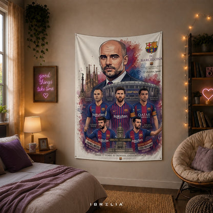 FC Barcelona Legends Premium Jute Fabric Tapestry | Camp Nou Wall Hanging | IBRELIA™