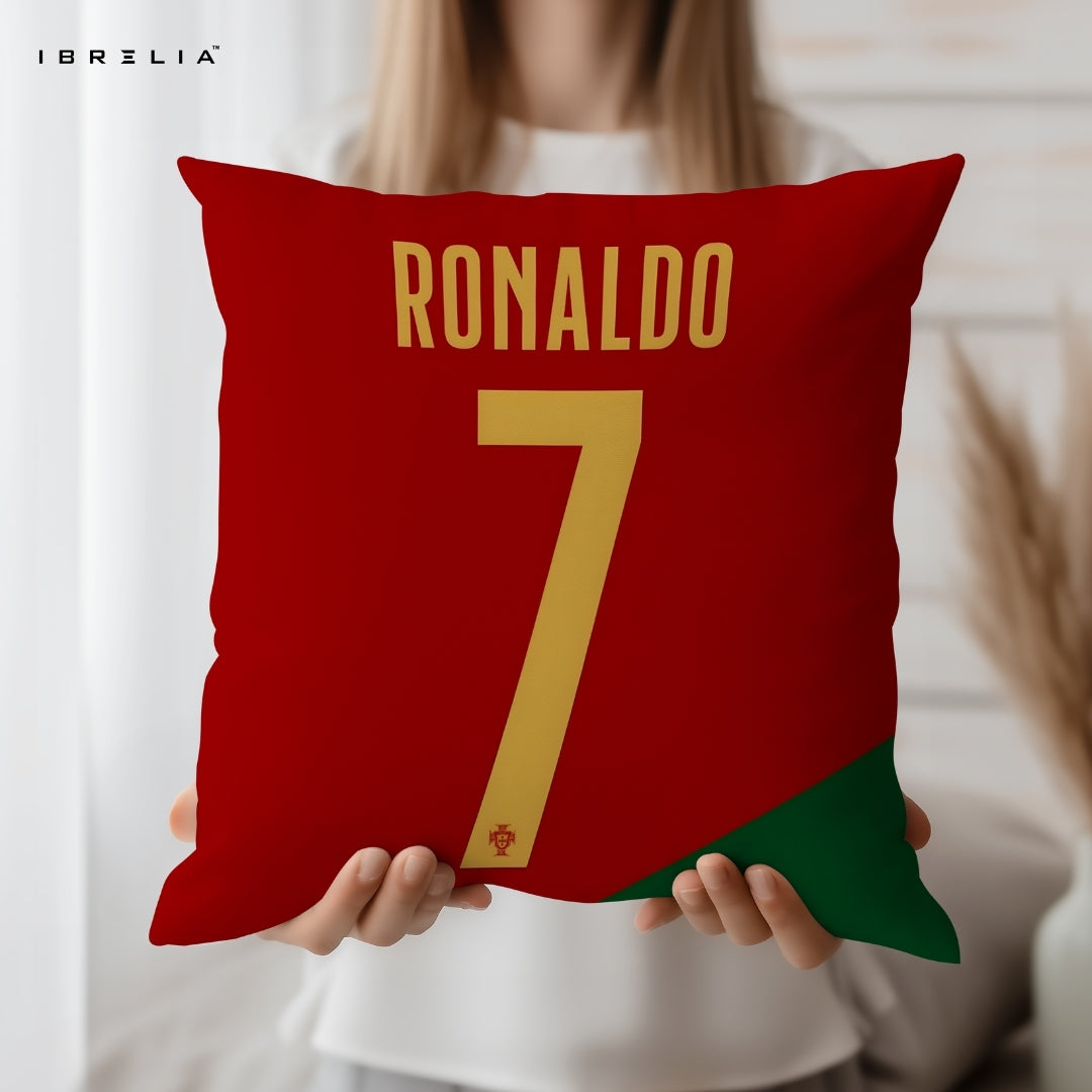 Ronaldo 7 Portugal Cushion | Red Jersey Style Football Design | Premium Jute Fabric | Double-Sided Print | IBRELIA™ IBRELIA
