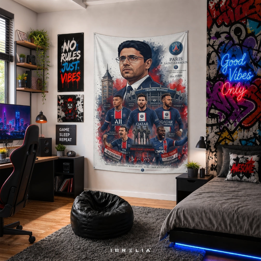 Paris Saint-Germain Legends Premium Jute Fabric Tapestry | Parc des Princes Wall Hanging | IBRELIA™